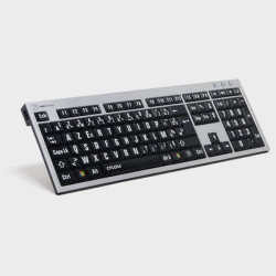 Clavier ultra fin à grosses touches blanches sur fond noir zoom