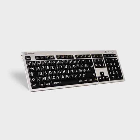 Clavier mac ultra fin à grosses touches noires sur fond blanc