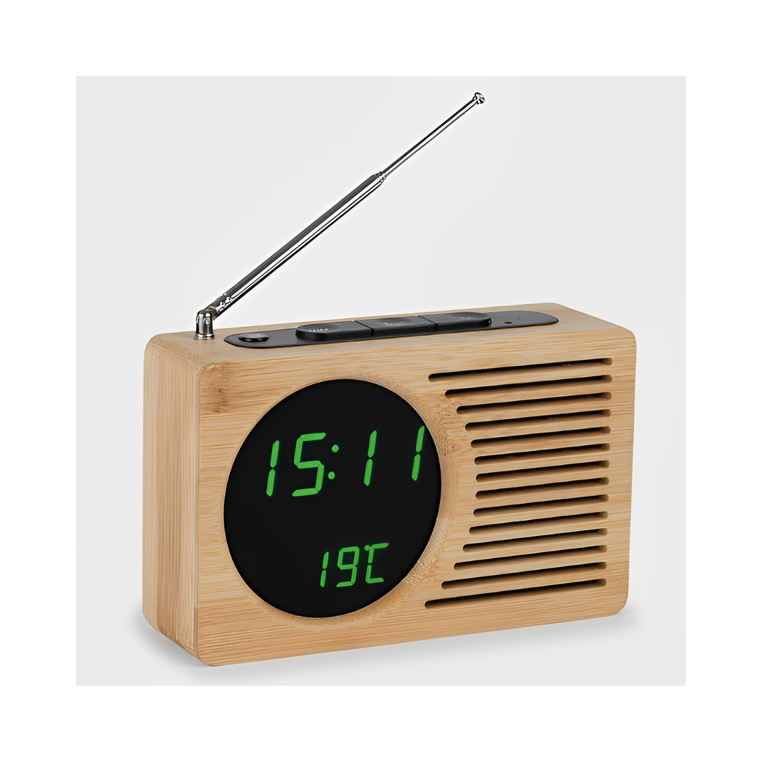 Réveil Radio FM couleur bois, affichage LED vert, alarme, date, heure