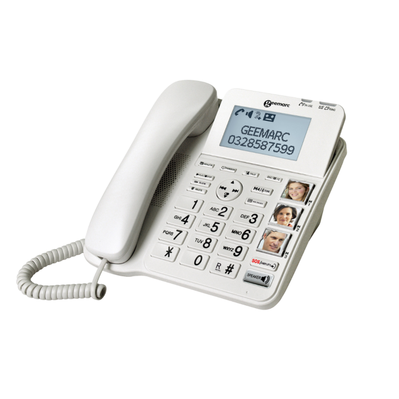 Téléphone fixe à touches vocales avec répondeur de face.